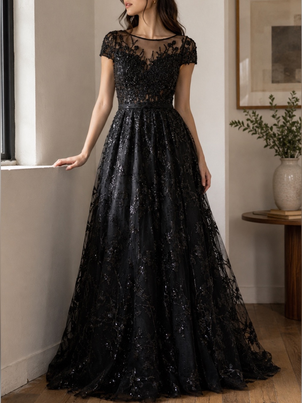 MAC DUGGAL 20405 Black Embellished Floral Cap Sleeve A Line Gown